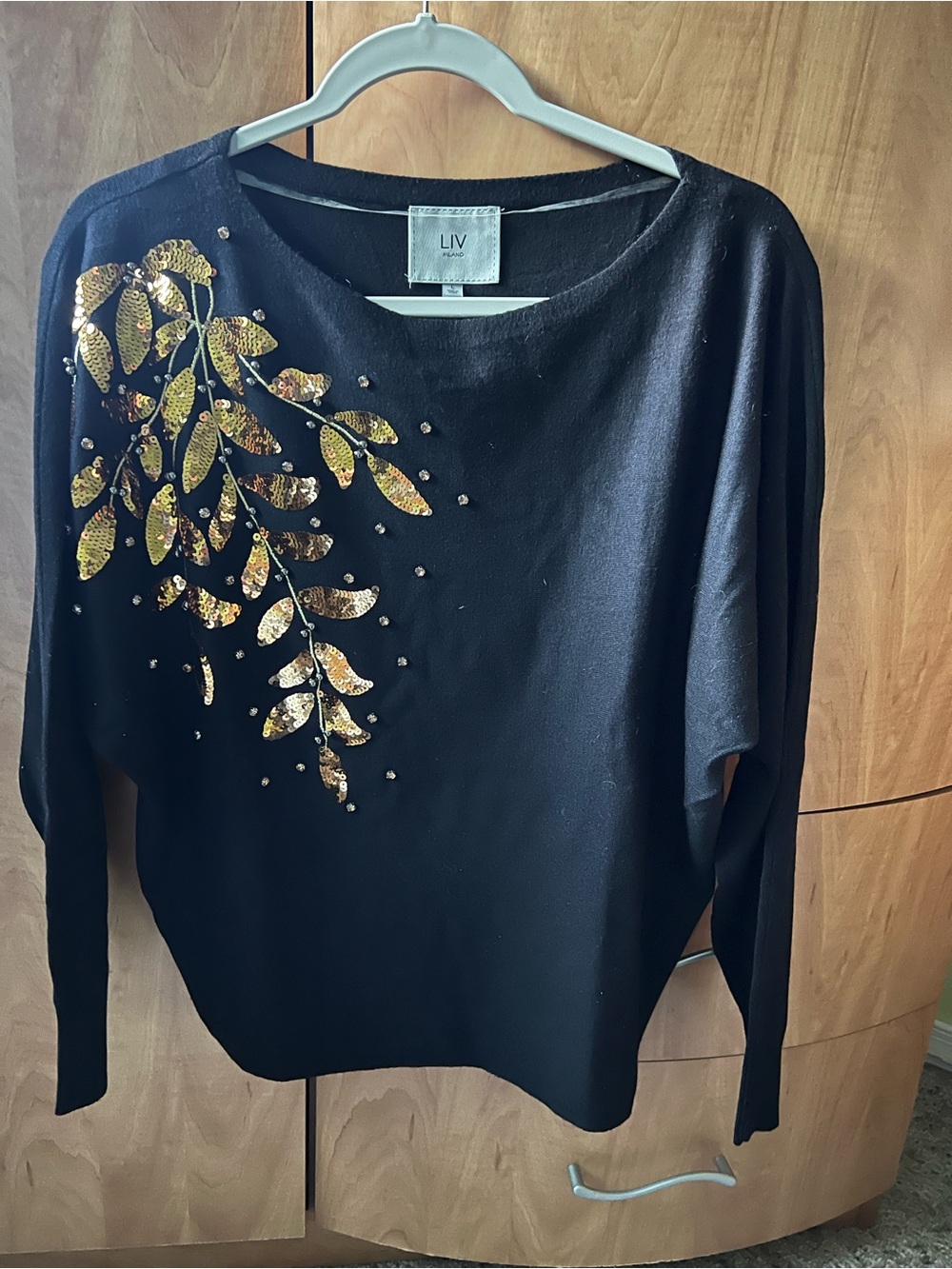 Milano Black Sweater with Gold Sequin Leaf Detail
